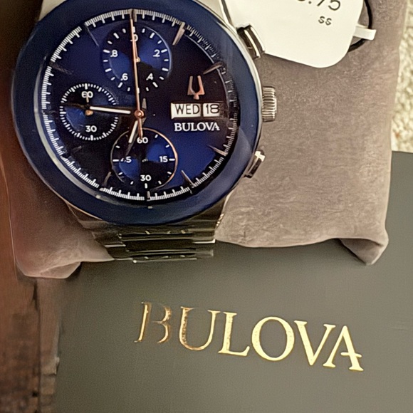 Bulova Men's Chronograph with Blue Dial and Silver Band